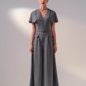 Anita Plunging Neckline Cape Jumpsuit with Belt