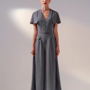 Anita Plunging Neckline Cape Jumpsuit with Belt