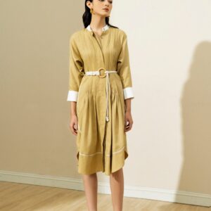 ELIZABETH Pleated Detail Midi Shirt Linen Dress