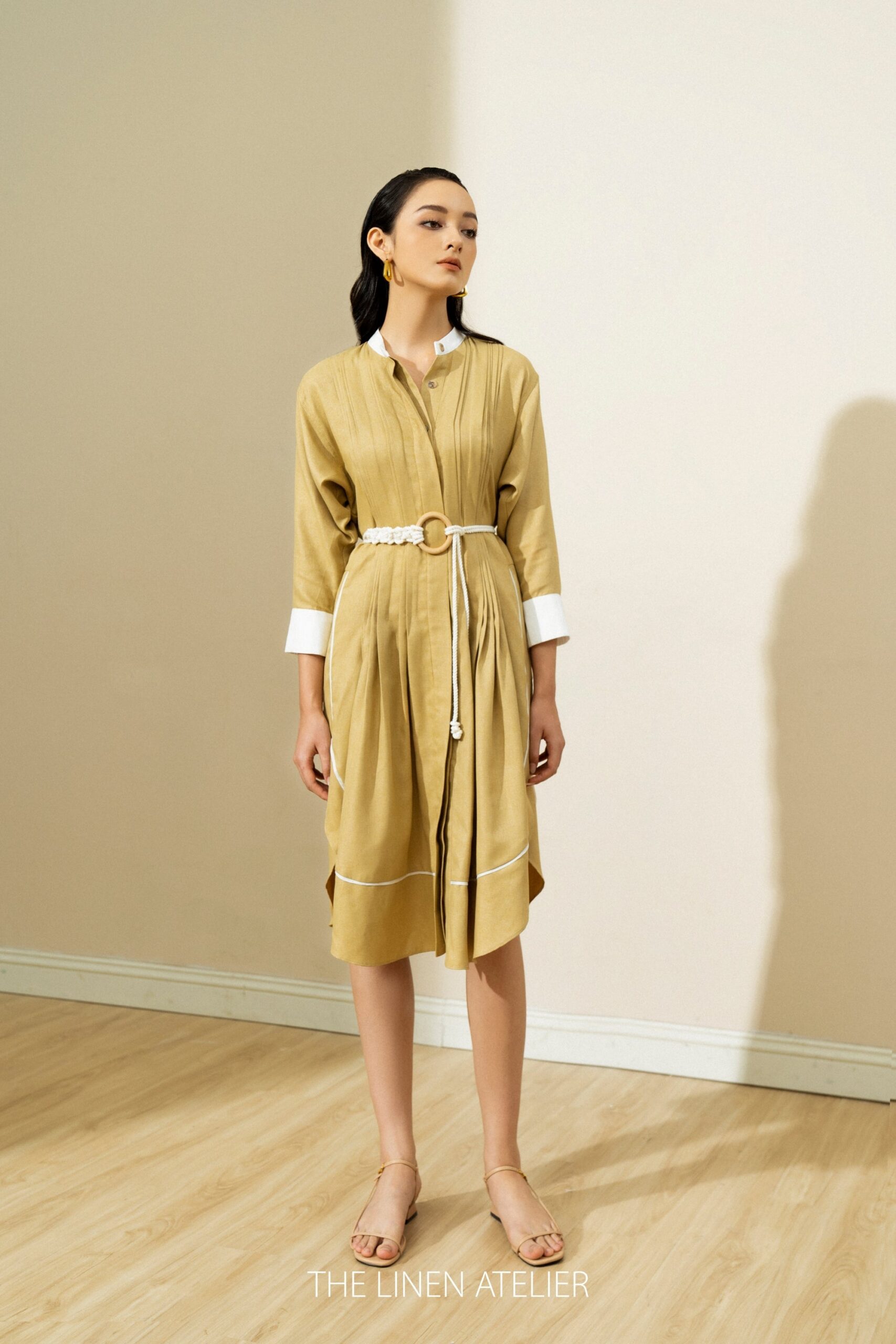 ELIZABETH Pleated Detail Midi Shirt Linen Dress