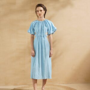 ELEANOR Puff Sleeve Open Back Tied Waist Linen Dress