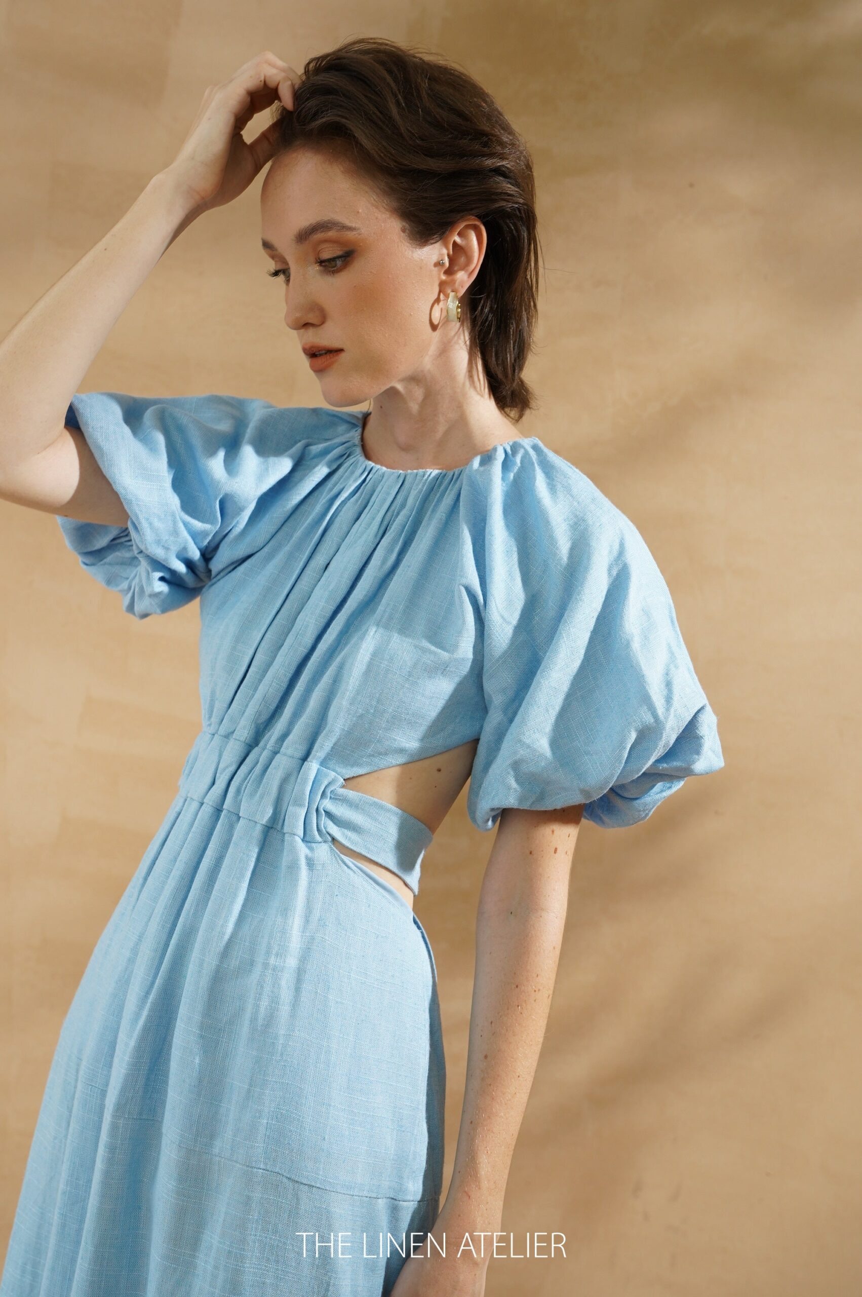 ELEANOR Puff Sleeve Open Back Tied Waist Linen Dress - Image 3