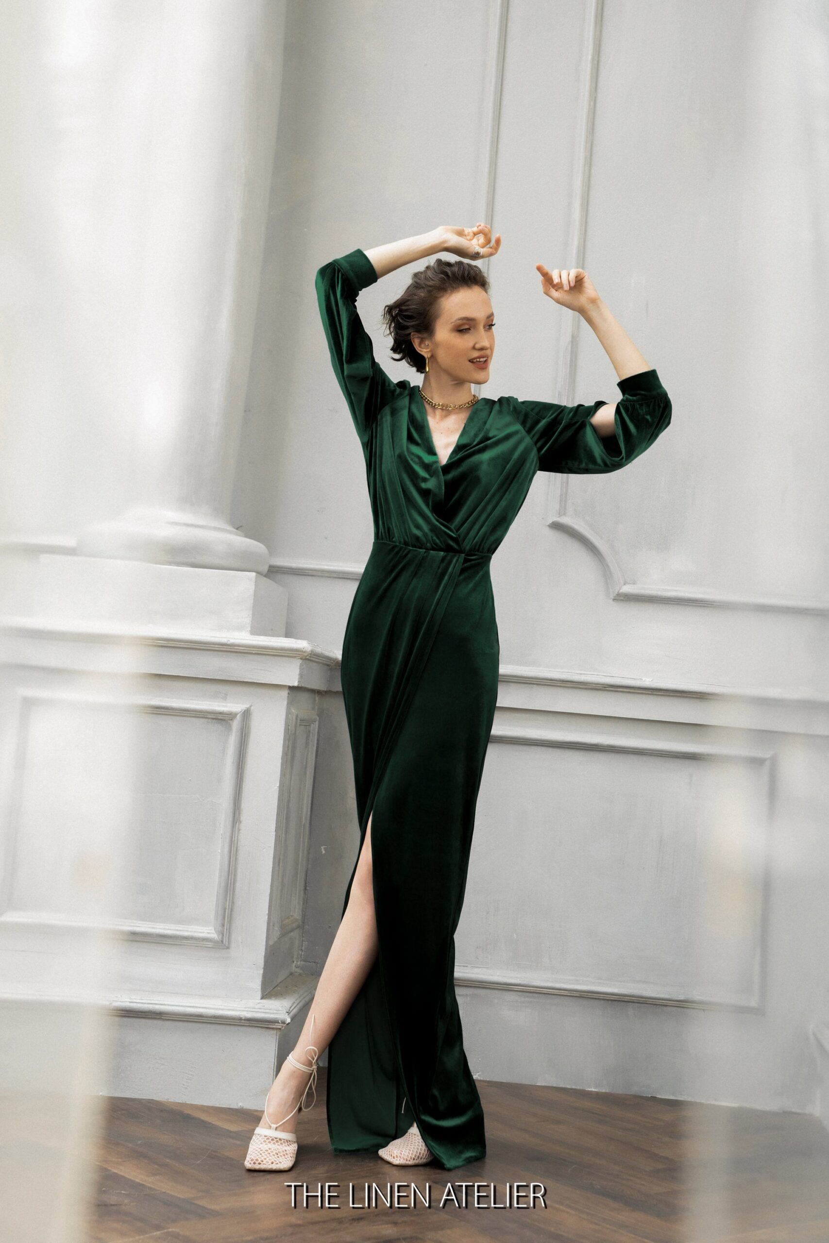 CARA Emerald Green Velvet Wedding Dress - Image 3