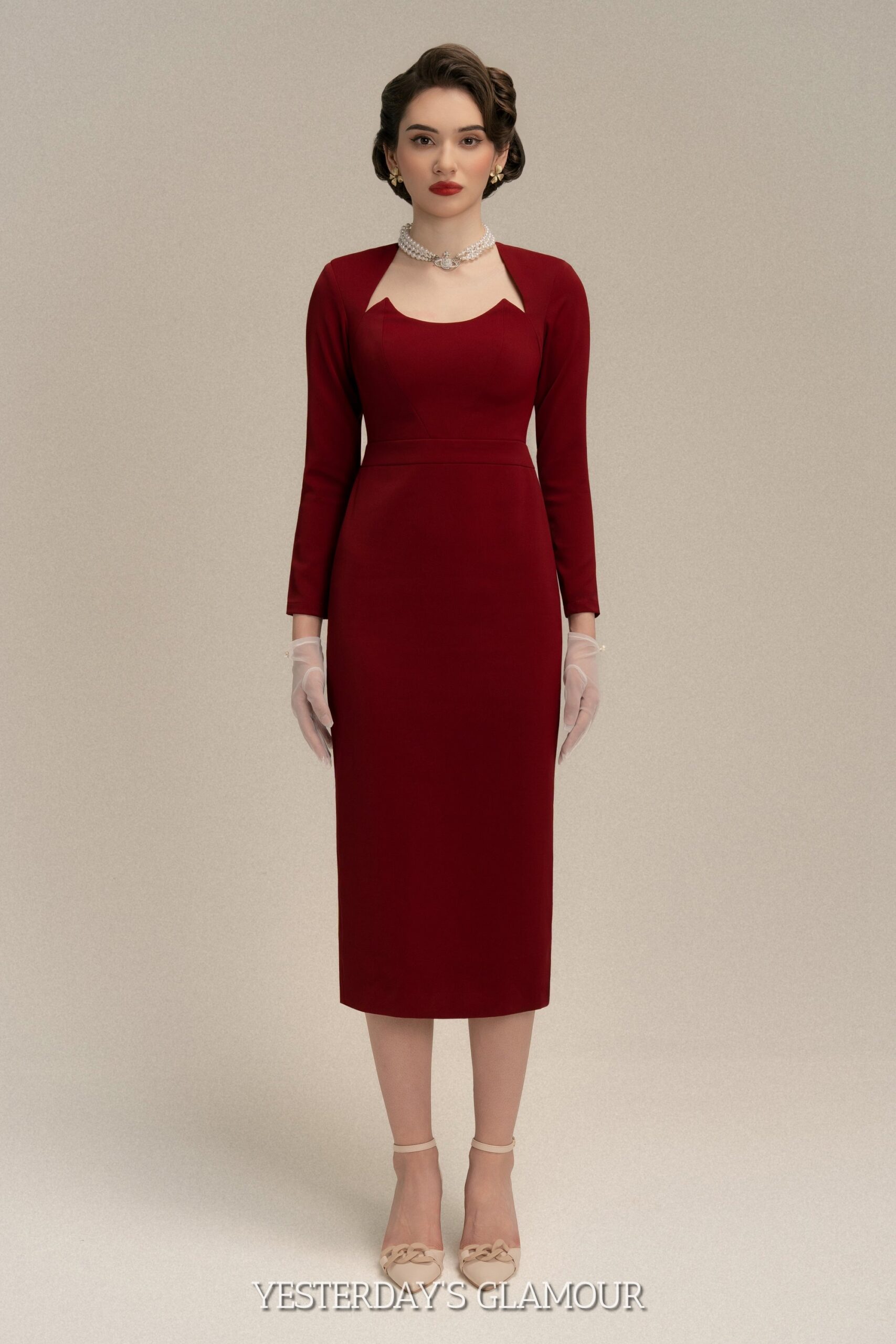 Alexandra Long Sleeve Midi Work Dress with Cut-Out Neckline - Image 2