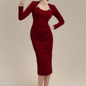 Alexandra Long Sleeve Midi Work Dress with Cut-Out Neckline